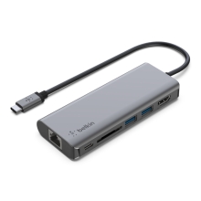 Adaptador USB tipo C Belkin 1xUSB-C Pd 3.0 1xlector Sd 2xUSB-A 3.0 1x1GB Rj45 Pd 100w gris