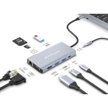 Adaptador USB tipo C Conceptronic 1xHDMI 4k 1xVGA 3xUSB-A 3.0 1xJack 1x1GB Rj45 1xLector 1xUSB-C Pd 100w