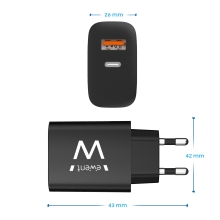 Cargador Rápido Ewent 1xUSB Tipo C y 1xUSB-A QC3.0 20W Negro