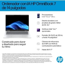 HP OmniBook 7 AI 14-fr0011ns Intel Core Ultra 5 225U Portátil 35,6 cm (14") 2K 16 GB LPDDR5-SDRAM 1 TB SSD Wi-Fi 7 (802.11be) Windows 11 Home AI PC Plata