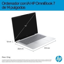 HP OmniBook 7 AI 14-fr0011ns Intel Core Ultra 5 225U Portátil 35,6 cm (14") 2K 16 GB LPDDR5-SDRAM 1 TB SSD Wi-Fi 7 (802.11be) Windows 11 Home AI PC Plata