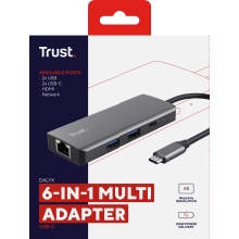 HUB USB-C TRUST DALYX 6 EN 1 alumino 1xHDMI 4K 2xUSB-A 3.2 1xUSB-C PD 100W 1xRJ45 lector SD MicroSD
