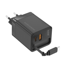 Cargador USB GAN MARS GAMING 65W 1xUSB-C 1xUSB-A cable retráctil PD negro