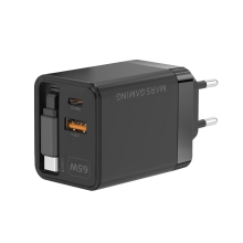 Cargador USB GAN MARS GAMING 65W 1xUSB-C 1xUSB-A cable retráctil PD negro