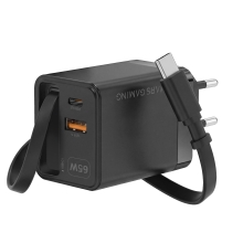 Cargador USB GAN MARS GAMING 65W 1xUSB-C 1xUSB-A cable retráctil PD negro