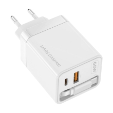 Cargador USB GAN MARS GAMING 65W 1xUSB-C 1xUSB-A cable retráctil PD blanco