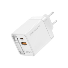 Cargador USB GAN MARS GAMING 65W 1xUSB-C 1xUSB-A cable retráctil PD blanco