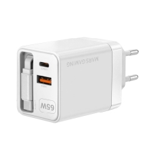 Cargador USB GAN MARS GAMING 65W 1xUSB-C 1xUSB-A cable retráctil PD blanco