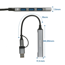 Ewent EW1154 hub de interfaz USB 3.2 Gen 1 (3.1 Gen 1) Type-A + Type-C Gris