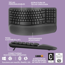 TECLADO LOGITECH WIRELESS WAVE KEYS ERGONOMICO ONDULADO REPOSITOR RECEPTOR BOLT GRAFITO