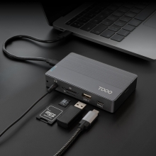 TooQ Caja externa para SSD M.2 NVMe/SATA + HUB USB-C 3.2 Gen2 con 2x USB-A 3.1 + 1x USB-A 2.0 + USB-C 3.2 Gen2 + HDMI 2.0 + RJ45 + SD/TF + AUDIO + USB-C PD 100W, Gris