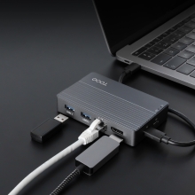 TooQ Caja externa para SSD M.2 NVMe/SATA + HUB USB-C 3.2 Gen2 con 2x USB-A 3.1 + 1x USB-A 2.0 + USB-C 3.2 Gen2 + HDMI 2.0 + RJ45 + SD/TF + AUDIO + USB-C PD 100W, Gris