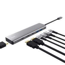 HUB USB-C TRUST DALYX 7 EN 1 ALUMINIO 2HDMI 4K  1DP 2xUSB-A 3.2 1xUSB-C PD 100W LECTOR SD MICROSD
