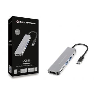 Adaptador Conceptronic USB Tipo C a 1xHDMI 1xUSB-C PD 60W 2xUSB-A 3.0 1xLector de tarjetas