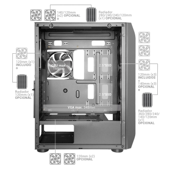 Caja torre E-ATX Mars Gaming MC-PRO2 XXL Black, frontal con rejilla, 3+2 ventiladores