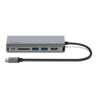 Adaptador USB tipo C Belkin 1xUSB-C Pd 3.0 1xlector Sd 2xUSB-A 3.0 1x1GB Rj45 Pd 100w gris