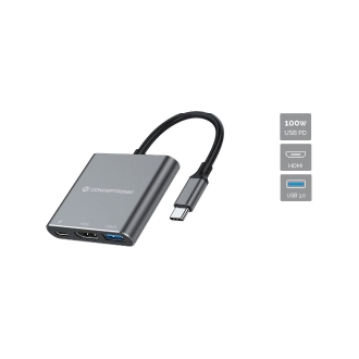 Adaptador Conceptronic DONN018 tipo C a 1xHDMI 1xUSB-A 3.0 1xUSB-C PD 100W