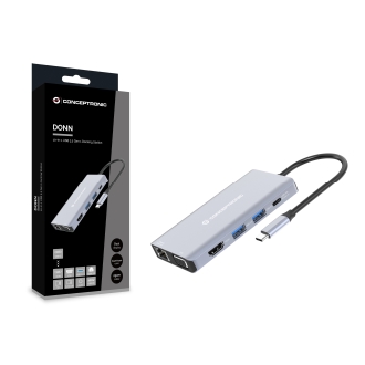 Adaptador USB tipo C Conceptronic 1xHDMI 4k 1xVGA 3xUSB-A 3.0 1xJack 1x1GB Rj45 1xLector 1xUSB-C Pd 100w