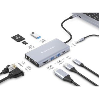 Adaptador USB tipo C Conceptronic 1xHDMI 4k 1xVGA 3xUSB-A 3.0 1xJack 1x1GB Rj45 1xLector 1xUSB-C Pd 100w