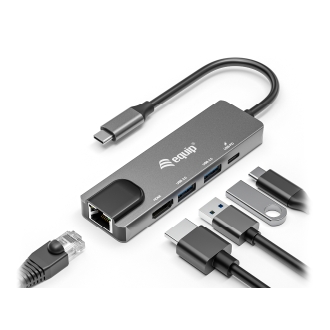 Adaptador USB tipo C Equip 1xHDMI 4k 1xUSB-C Pd 100w 2xUSB-A 5gb/s 1xGB Rj45