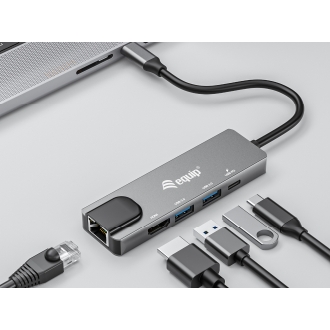 Adaptador USB tipo C Equip 1xHDMI 4k 1xUSB-C Pd 100w 2xUSB-A 5gb/s 1xGB Rj45