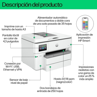 Multifunción HP Officejet Pro 9730e A3 22ppm red wifi dúplex impresión