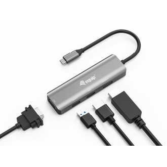 Docking USB tipo C Equip 133485 con 1xHDMI 4K, 1xDisplayPort 4K, 1xVGA, 1xUSB-A 2.0