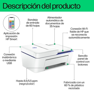Multifunción HP Deskjet Plus 4230e Usb Wifi Fax Adf 8,5/5,5ppm blanco