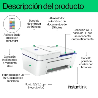 Multifunción HP Deskjet Plus 4230e Usb Wifi Fax Adf 8,5/5,5ppm blanco