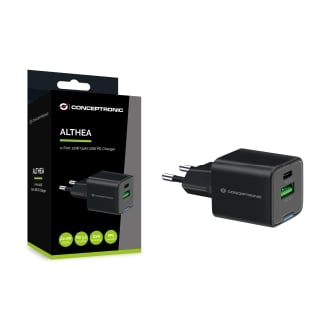 Cargador Conceptronic 1xUSB tipo c / 1xUSB-A Quickcharge 3.0 Gan Pps 20w negro