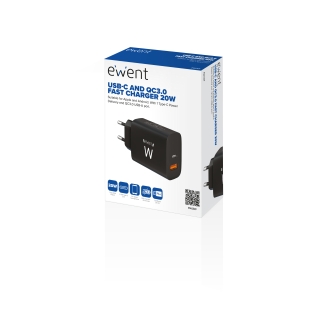 Cargador Rápido Ewent 1xUSB Tipo C y 1xUSB-A QC3.0 20W Negro