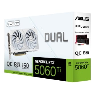 VGA ASUS GEFORCE RTX 5060 TI OC DUAL 8GB DDR7 3xDP 1xHDMI 2602 MHz CUDA 4608 128BIT DUAL FAN BLANCO
