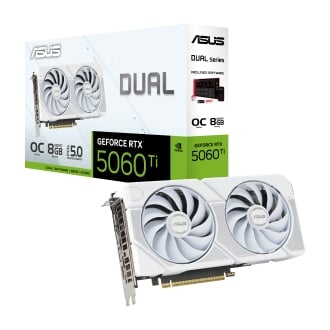 VGA ASUS GEFORCE RTX 5060 TI OC DUAL 8GB DDR7 3xDP 1xHDMI 2602 MHz CUDA 4608 128BIT DUAL FAN BLANCO
