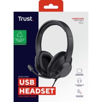 HEADSET USB-C TRUST AYDA MAX COLOR NEGRO CABLE 1,8m ADAPTADOR USB-C A USB-A