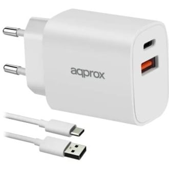 CARGADOR DE PARED APPROX APPUSBWALL20W 1xUSB-C PD 1xUSB-A 20W CABLE USB-A A USB-C INCLUIDO