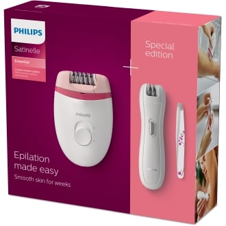 DEPILADORA PHILIPS SATINELLE ESSENTIAL BRP506/00 COMPACTA CON CABLE INCLUYE RECORTADOR Y PINZAS