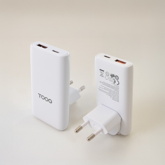 TooQ Cargador de viaje Tipo C y Tipo A, GaN 65W, USB-C/PD + USB-A/QC, Blanco