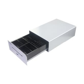 TPV CAJON PORTAMONEDAS EQUIP  ALUMINIO APERTURA MANUAL Y AUTOMATICA CONECTOR RJ11 COLOR PLATA