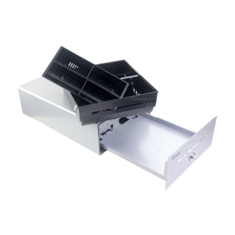 TPV CAJON PORTAMONEDAS EQUIP  ALUMINIO APERTURA MANUAL Y AUTOMATICA CONECTOR RJ11 COLOR PLATA