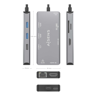 AISENS ASUC-9P018-GR base para portátil y replicador de puertos Alámbrico USB 3.2 Gen 1 (3.1 Gen 1) Type-C