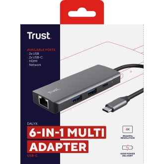 HUB USB-C TRUST DALYX 6 EN 1 alumino 1xHDMI 4K 2xUSB-A 3.2 1xUSB-C PD 100W 1xRJ45 lector SD MicroSD