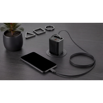 Cargador USB GAN MARS GAMING 65W 1xUSB-C 1xUSB-A cable retráctil PD negro