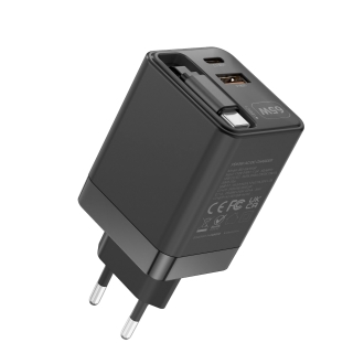 Cargador USB GAN MARS GAMING 65W 1xUSB-C 1xUSB-A cable retráctil PD negro