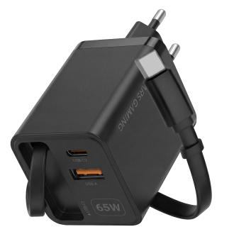 Cargador USB GAN MARS GAMING 65W 1xUSB-C 1xUSB-A cable retráctil PD negro