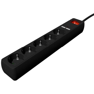 REGLETA CON CARGADOR USB, 5 ENCHUFES, 1.5 M, USB 2A, COLOR NEGRO