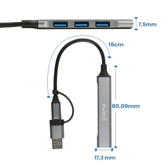 Ewent EW1154 hub de interfaz USB 3.2 Gen 1 (3.1 Gen 1) Type-A + Type-C Gris