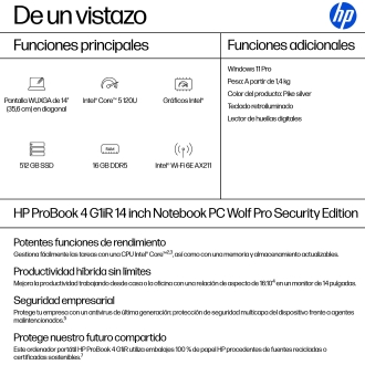 HP ProBook 4 G1iR Wolf Pro Security Edition Intel Core 5 120U Portátil 35,6 cm (14") WUXGA 16 GB DDR5-SDRAM 512 GB SSD Wi-Fi 6E (802.11ax) Windows 11 Pro Plata