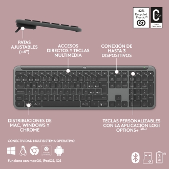 TECLADO Y MOUSE LOGITECH WIRELESS SIGNATURE SLIM MK950 MULTIDISPOSITIVO 4000 DPI ERGONOMICO GRAFITO