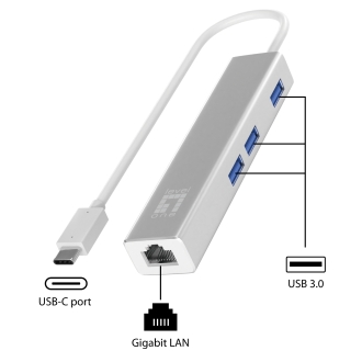 ADAPTADOR USB-C A GIGABIT ETHERNET RJ45 LEVEL ONE CON HUB USB 3.0 3 PUERTOS