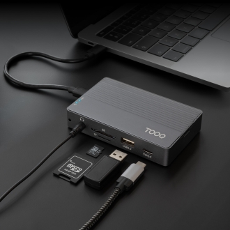 TooQ Caja externa para SSD M.2 NVMe/SATA + HUB USB-C 3.2 Gen2 con 2x USB-A 3.1 + 1x USB-A 2.0 + USB-C 3.2 Gen2 + HDMI 2.0 + RJ45 + SD/TF + AUDIO + USB-C PD 100W, Gris